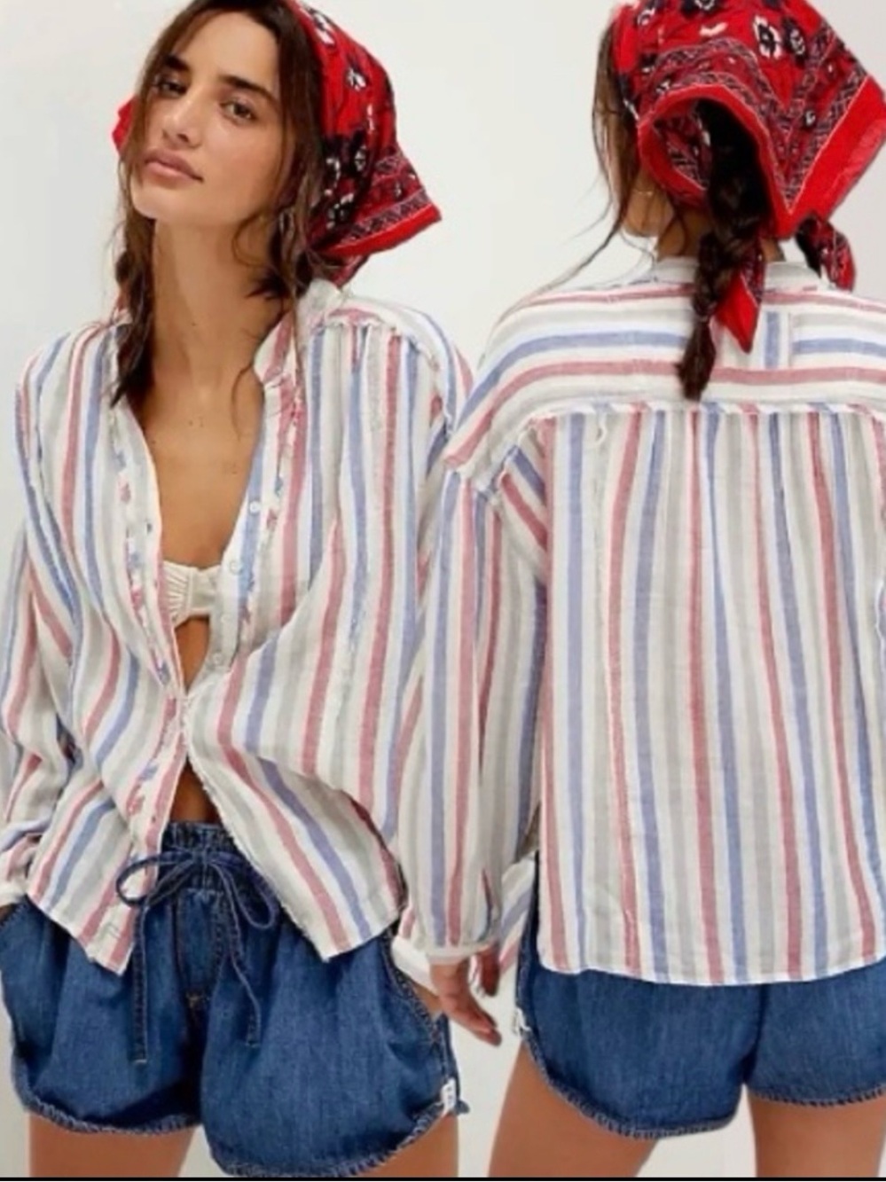 Free People Valley Double Gauze Cotton Striped Shirt Size XL Beach Coastal